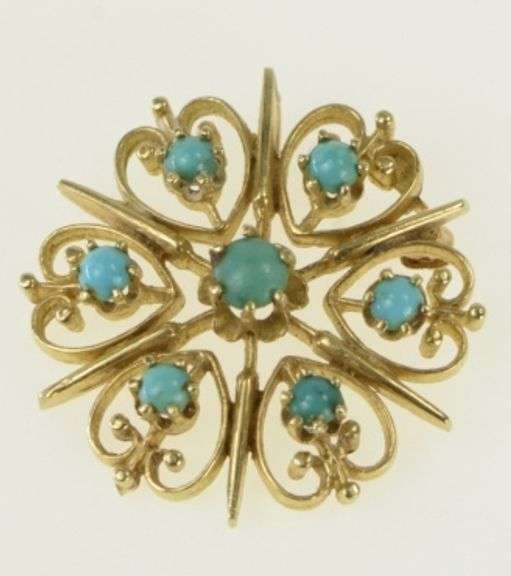 14K Yellow Gold 1960's Turquoise Ornate Star Pendant