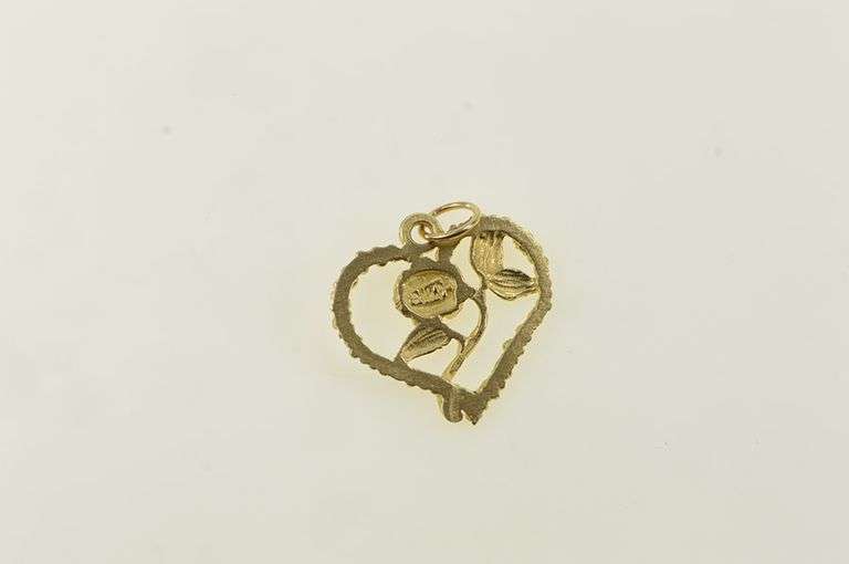 14K Yellow Gold Heart Rose Flower Romantic Love Charm/Pendant