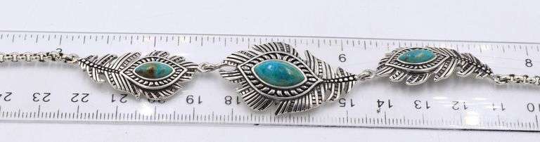 925 Sterling silver signed Turquoise feather link bracelet