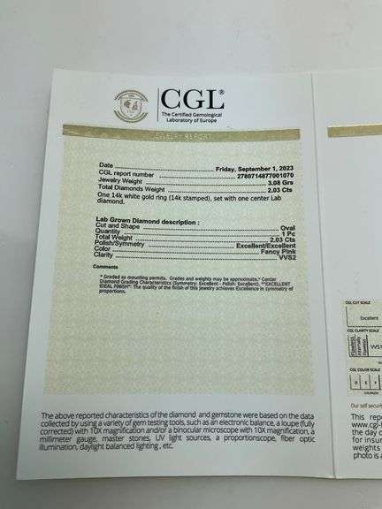 CERTIFIED BRAND NEW 14K WHITE GOLD DIAMOND SOLITAIRE RING. 2.03 CARAT . PINK DIAMOND