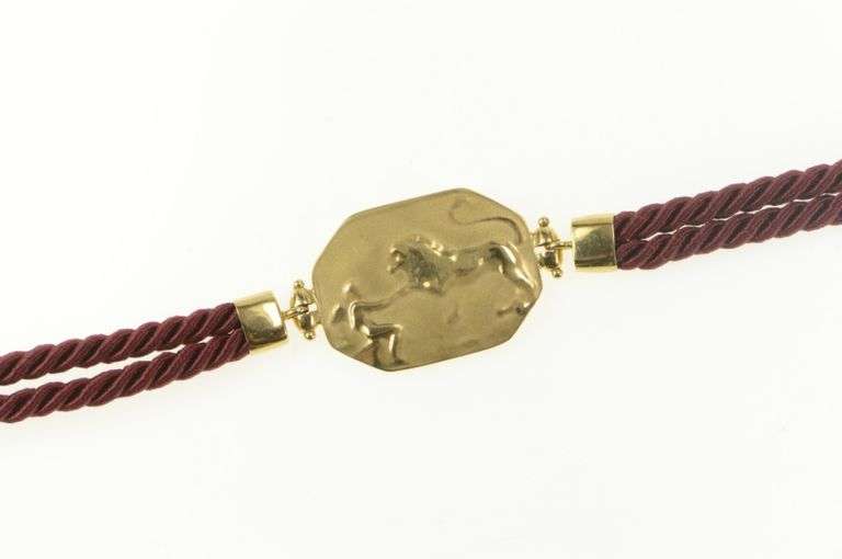 14K Yellow Gold Lion & Man Scene Burdick Co. Burgundy Cord Bracelet