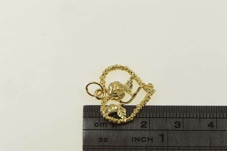 14K Yellow Gold Heart Rose Flower Romantic Love Charm/Pendant