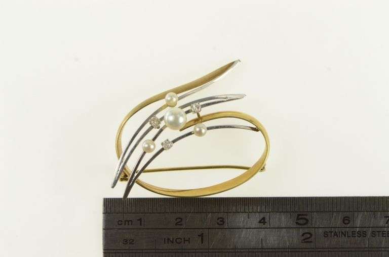 18K Yellow Gold Pearl Diamond Two Tone Vintage Swirl Pin/Brooch
