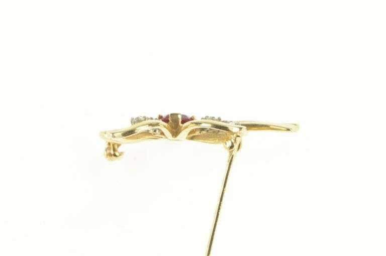 14K Yellow Gold 1930's Syn. Ruby Diamond Accent Bow Ribbon Pin/Brooch