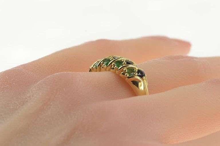14K Yellow Gold Natural Emerald Ruby Sapphire Striped Band Ring