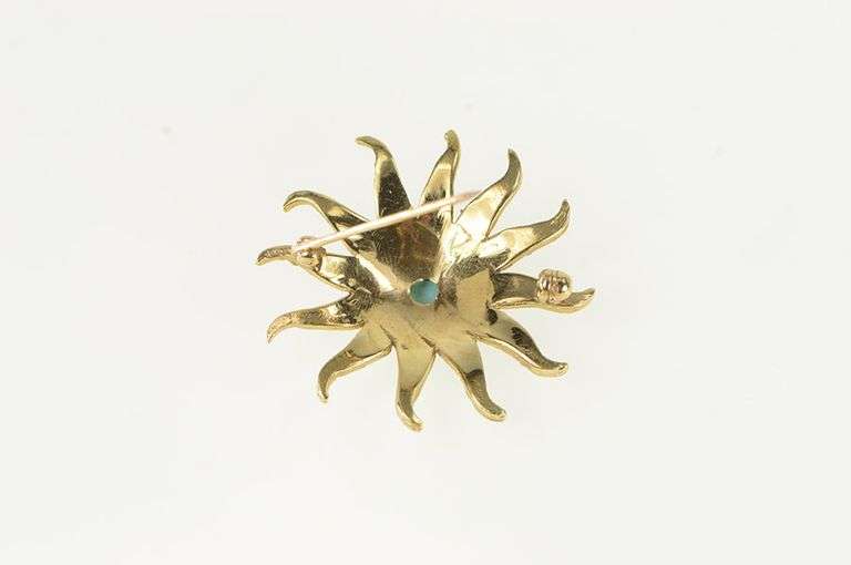 14K Yellow Gold Victorian Turquoise Ornate Sun Flower Pin/Brooch