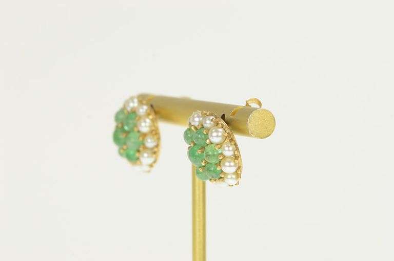14K Yellow Gold Victorian Emerald Seed Pearl Cluster Stud Earrings