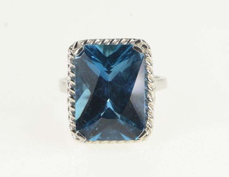 10K White Gold Radiant Cut Blue Topaz Ornate Cocktail Ring