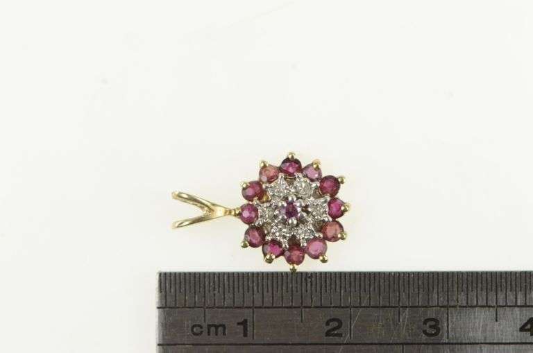 10K Yellow Gold Vintage Diamond Ruby Halo Cluster Pendant