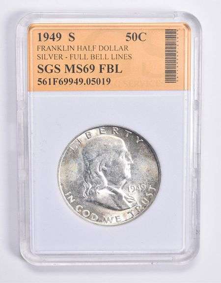 MS69 FBL 1949-S Franklin Silver Half Dollar Full Bell Lines SGS