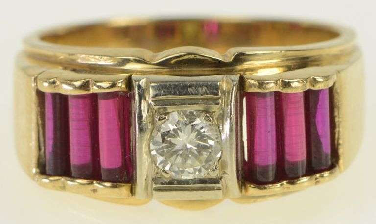 14K Yellow Gold 1930's Diamond Syn. Ruby Bar Men's Ring