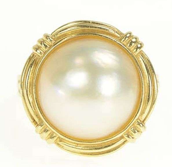 18K Yellow Gold Mabe Pearl Ornate Banded Statement Cocktail Ring