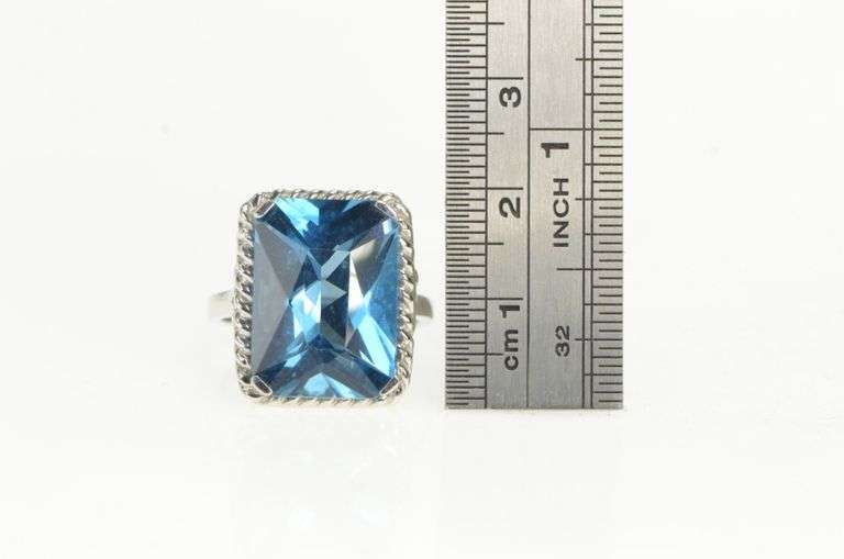 10K White Gold Radiant Cut Blue Topaz Ornate Cocktail Ring