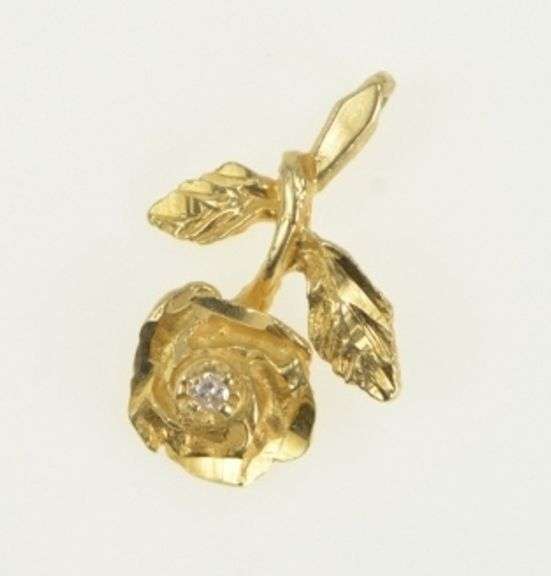 14K Yellow Gold Diamond Inset Rose Textured Flower Charm/Pendant