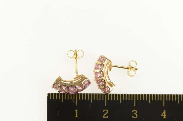 14K Yellow Gold Pink CZ Encrusted Curved Bar Statement Earrings