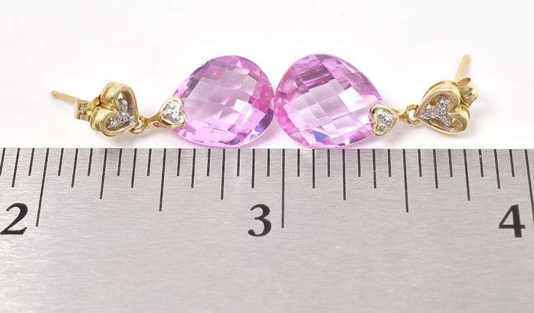 Lovely 14K Yellow Gold Pink Topaz and Diamond Dangle Earrings