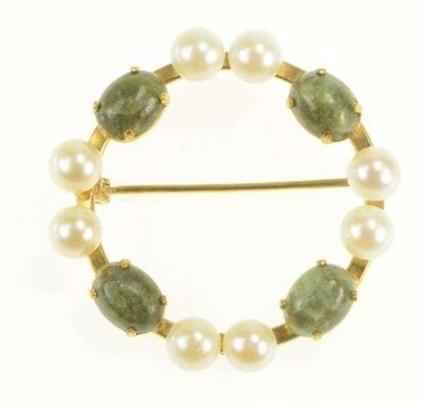 Gold Filled Pearl Nephrite Round Circle Retro Statement Pin/Brooch