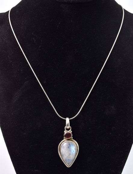 Superb Sterling Silver Moonstone and Ruby Gemstone Pendant Necklace