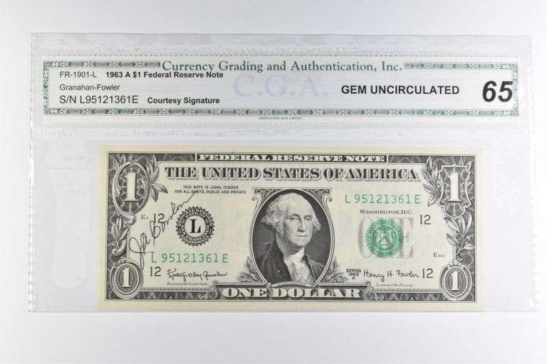 CGAI Gem Unc 65 $1 1963-A US Federal Reserve Note Green Seal FR-1901-L