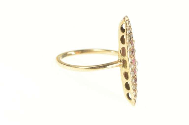14K Yellow Gold Victorian Ruby Seed Pearl Navette Ring