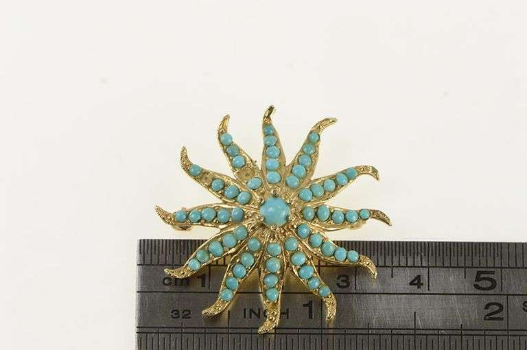 14K Yellow Gold Victorian Turquoise Ornate Sun Flower Pin/Brooch