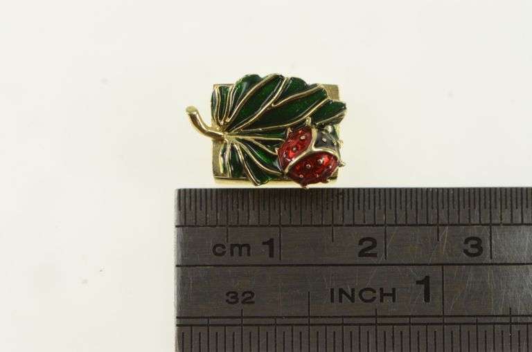 18K Yellow Gold Enamel Lady Bug Leaf Slide Bracelet Charm/Pendant