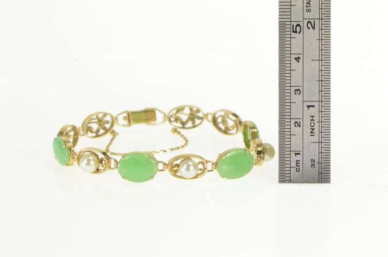 14K Yellow Gold Ornate Floral Motif Pearl Jade Vintage Bracelet