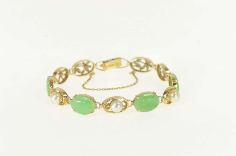 14K Yellow Gold Ornate Floral Motif Pearl Jade Vintage Bracelet
