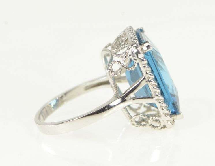10K White Gold Radiant Cut Blue Topaz Ornate Cocktail Ring