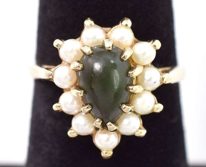 Soulful 10K Yellow Gold Nephrite and Pearl Seed Ring