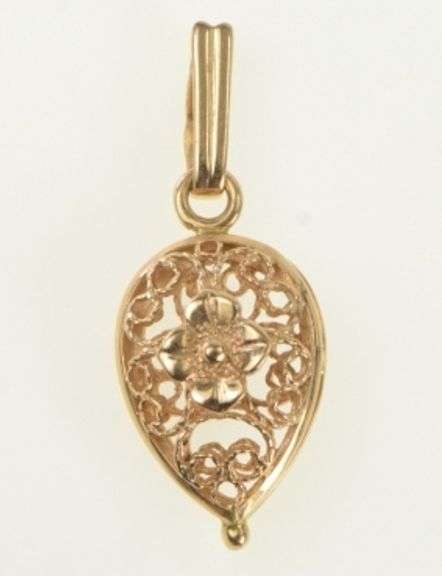 14K Rose Gold Puffy Floral Filigree Tear Drop Vintage Pendant