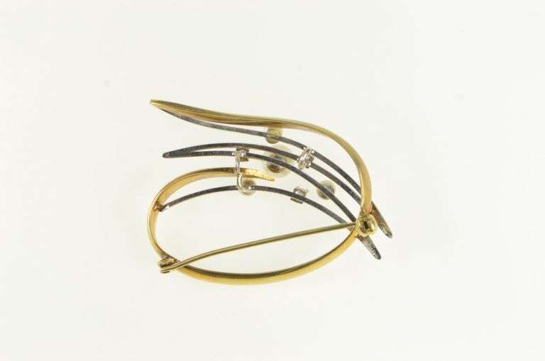 18K Yellow Gold Pearl Diamond Two Tone Vintage Swirl Pin/Brooch