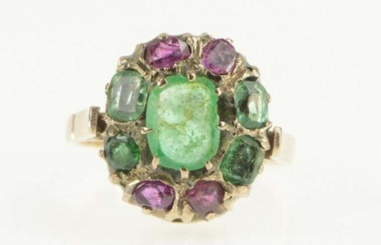 14K Yellow Gold Victorian Emerald Pink Sapphire Oval Cocktail Ring