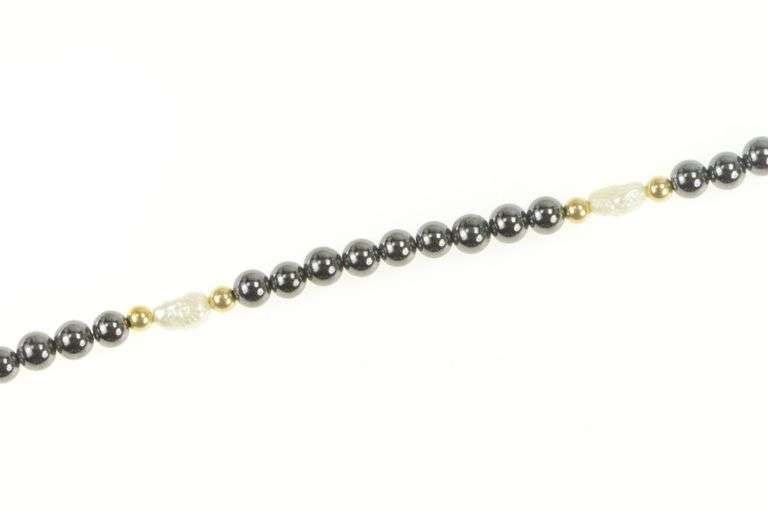 14K Yellow Gold Hematite Pearl Beaded Classic Statement Bracelet