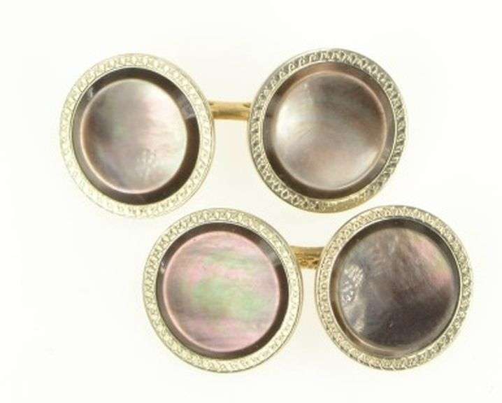 10K Yellow Gold Art Deco Round Abalone Pinstriped Circle Cuff Links