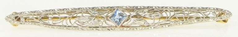 14K Yellow Gold Art Deco Filigree Blue Topaz Bar Pin/Brooch