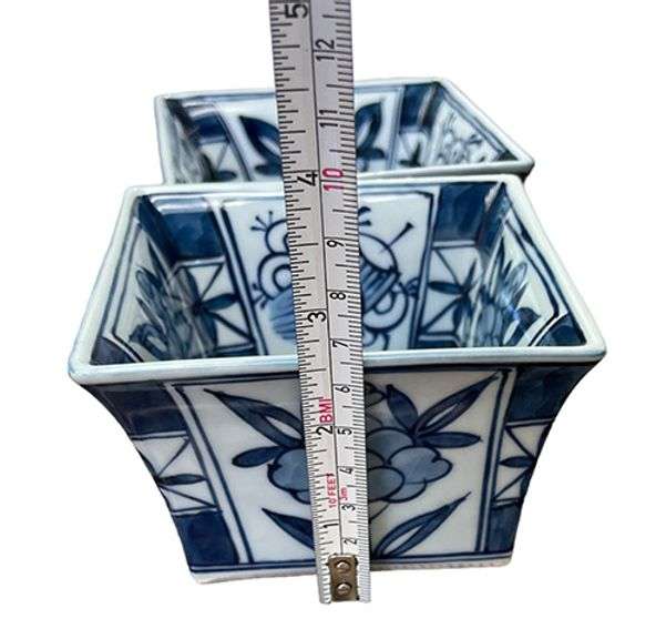 Arita Japan Signed White and Blue Hand-Painted Porcelain Square Bowls, Set of 4