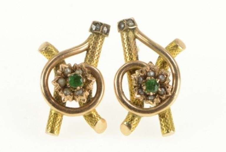 14K Yellow Gold Victorian Emerald Seed Pearl Flower Swirl Bar Earrings