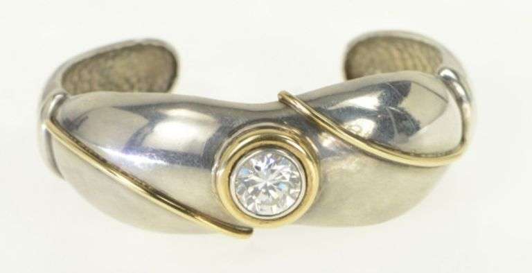 Sterling Silver Two Tone CZ Puffy Cuff Statement Bracelet