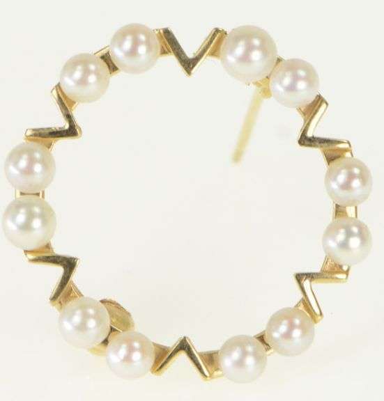14K Yellow Gold Vintage Pearl Retro Circle Fashion Pin/Brooch