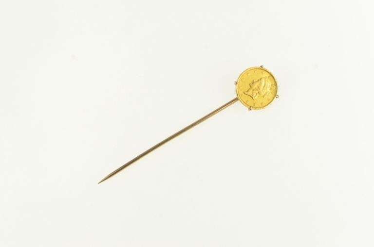 10K Yellow Gold 1853 Liberty Head Gold Dollar US Coin Stick Pin
