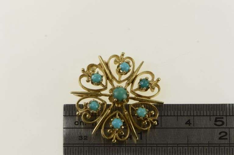 14K Yellow Gold 1960's Turquoise Ornate Star Pendant