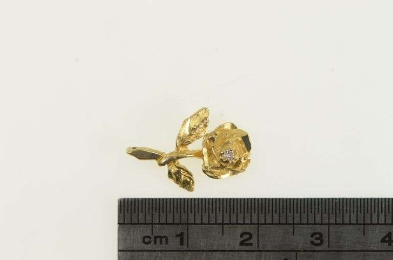 14K Yellow Gold Diamond Inset Rose Textured Flower Charm/Pendant