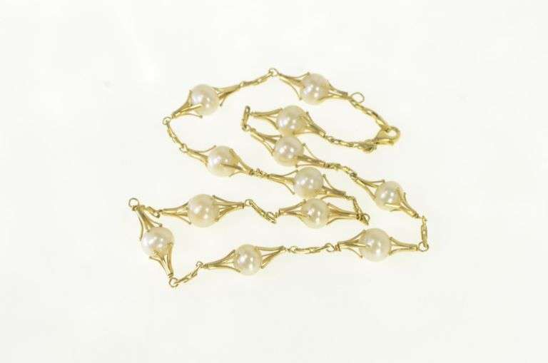 14K Yellow Gold Vintage Pearl Ornate Floral Motif Chain Necklace