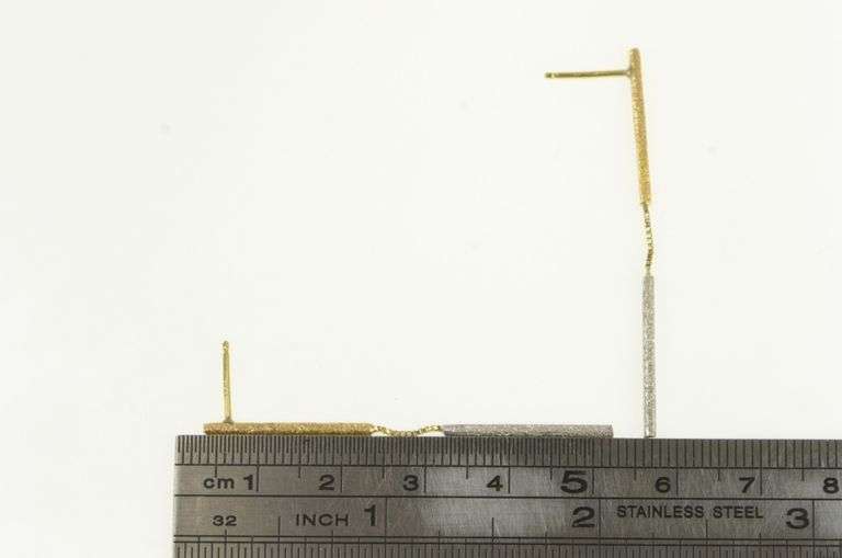 18K Yellow Gold Two Tone Textured Bar Vintage Dangle Earrings