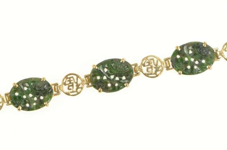 14K Yellow Gold Nephrite Floral Carved Stone Chinese Bracelet