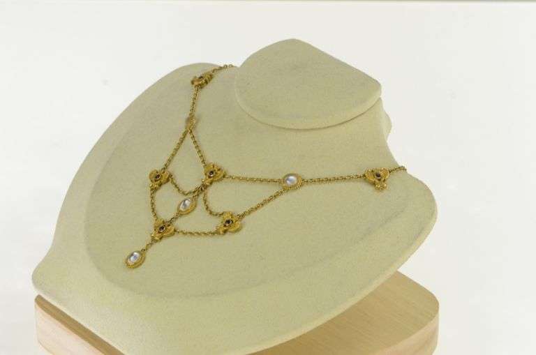 14K Yellow Gold Moonstone Sapphire Angel Wings Lavalier Necklace