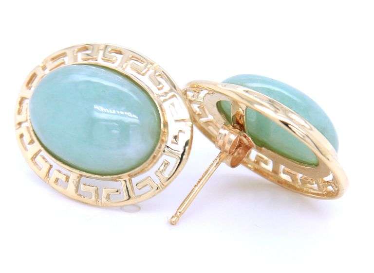 14kt Yellow gold oval Jade Greek key post earrings