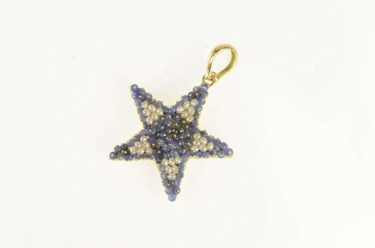 18K Yellow Gold Sapphire Pearl Encrusted Star Statement Pendant