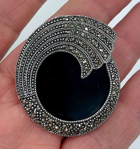 Vintage Sterling Silver Marcasite and Onyx Brooch Pin, Signed FAS 925